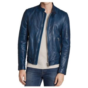Slim Fit Blue Biker Fashion Leather Jacket Mens