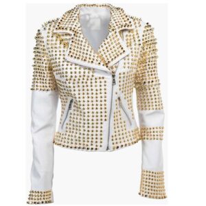 Golden Studded White Leather Jacket