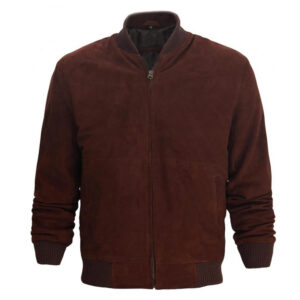 Men Dark Burgundy Suede Leather Bomber Jacket