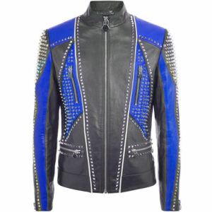 Men's Plein Two Tone Blue Black Genuine Leather Jacket