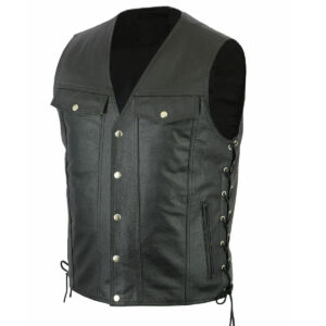 Men Side Laces V Neck Motorcycle Leather Vest