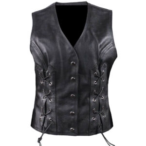Women Side Laces Biker Leather Waistcoat