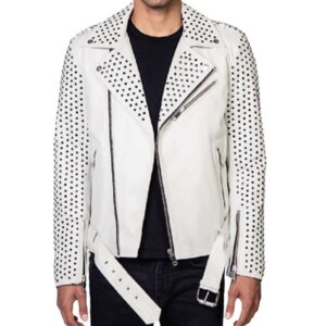 Mens Silver Studded Cowhide White Biker Leather Jacket Belt