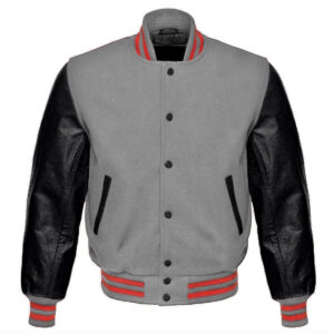 Men's Gray Wool Varsity Bomber Leather Jacket