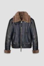 Men's Blue Sheepskin Shearling Leather Jacket - Image 5