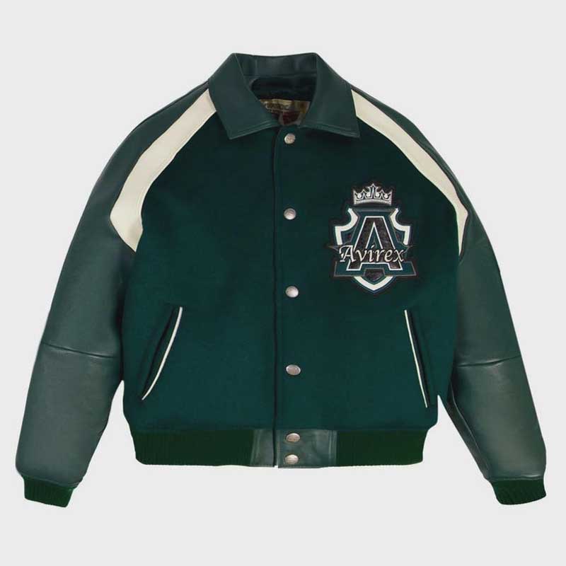 Avirexgreenvarsitybomberjacketwithemeraldwoolbodyandgenuineleathersleeves Avirex Green Varsity Bomber Jacket - Image 1
