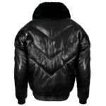 Black Leather V Bomber Jacket with Fur - Leather Down Jacket - Image 2