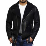 Black Sheepskin Shearling Aviator Jacket for Men
