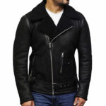 Black Sheepskin Shearling Aviator Jacket for Men - Image 2