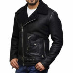 Black Sheepskin Shearling Aviator Jacket for Men - Image 3
