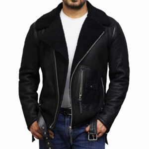 Black Sheepskin Shearling?Aviator?Jacket for Men