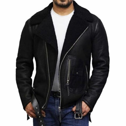 Black Sheepskin Shearling Aviator Jacket for Men