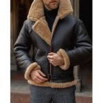Black Men's Aviator Fur Sheepskin Leather Jacket - Image 2