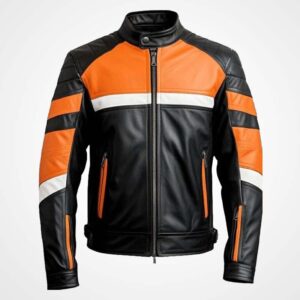 Black and Orange Cowhide Leather Biker Jacket ? Custom Fit