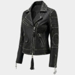Women's Black Studded Leather Biker Jacket - Image 3