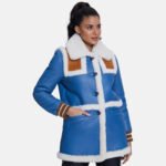 Blue Shearling Jacket with White Fur for Women - Image 3