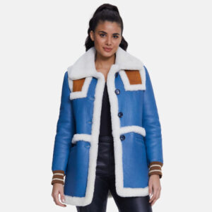 Blue Shearling Jacket with White Fur for Women