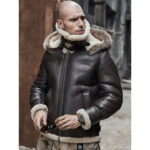 Brown Hooded B3 RAF Aviator Shearling Leather Jacket for Men - Image 2
