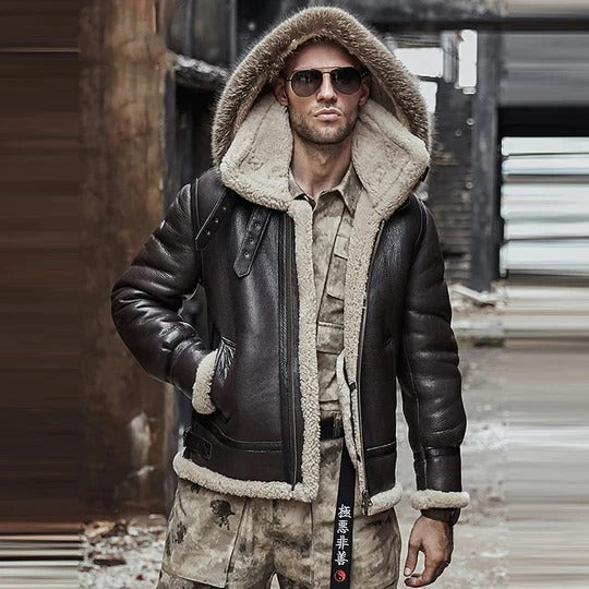 Brown-Hooded-B3-RAF-Aviator-Shearling-Leather-Jacket-for-Men Brown Hooded B3 RAF Aviator Shearling Leather Jacket for Men - Image 1