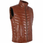 Brown Men's Quilted Puffer Leather Vest - Image 2
