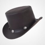 Brown Cowhide Leather Top Hat with Buffalo Nickel Band