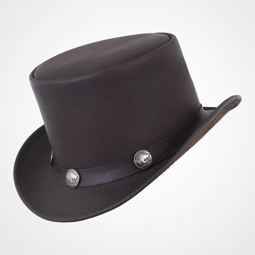 BrownCowhideLeatherTopHatwithBuffaloNickelBand Brown Cowhide Leather Top Hat with Buffalo Nickel Band - Image 1