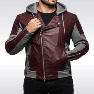 Burgundy Leather Hoodie Jacket for Men
