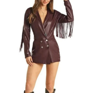 Burgundy Leather Romper with Fringe for Women