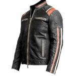 Cafe Racer Retro Distress Black Orange Racing Cowhide Leather Jacket - Image 3