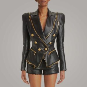 Celebrity Style Women's Black Lamb Leather Jacket with Gold Details