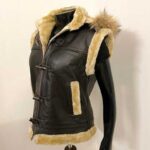Women's Chocolate Brown Leather Shearling Vest with Hooded Faux Fur - Image 5