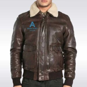 Classic Brown Sheepskin Leather Aviator Bomber Jacket with custom logo Embroidery