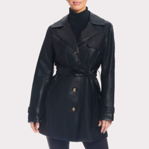 Classic Solid Black Leather Trench Coat for Women - Fall 2023