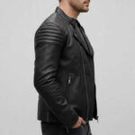 Men's Black Leather Biker Jacket with Asymmetrical Zip - Image 3