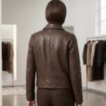Women's Vintage Crocodile Embossed Leather Bomber Jacket - Image 3