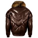 Dark Brown V-Bomber Jacket With Raccoon Fur Collar - Leather Down Jacket - Image 2