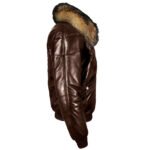 Dark Brown V-Bomber Jacket With Raccoon Fur Collar - Leather Down Jacket - Image 3
