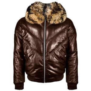 Dark Brown V-Bomber Jacket With Raccoon Fur Collar - Leather Down Jacket
