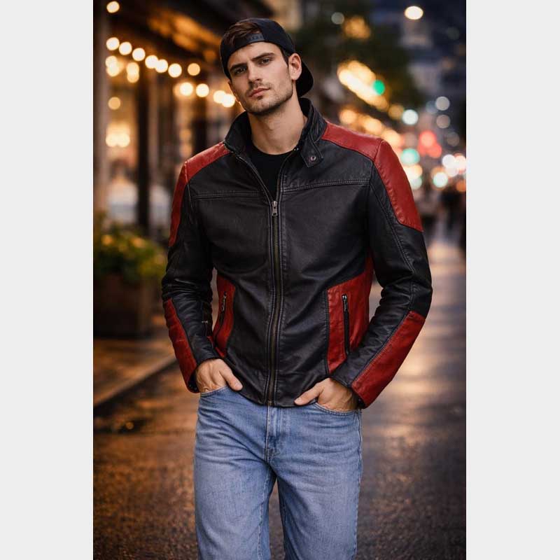 DeadshotRedandBlackBikerMotorcycleLeatherJacketforMenfrontviewshowingpremiumstitchingandsleekdesign Deadshot Red and Black Biker Motorcycle Leather Jacket for Men - Image 1