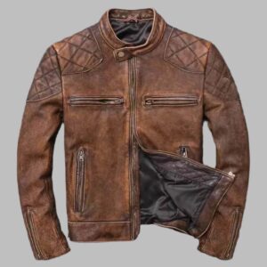 Men?s Distressed Brown Leather Cafe Racer Biker Jacket