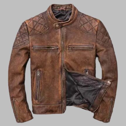 Men’s Distressed Brown Leather Cafe Racer Biker Jacket