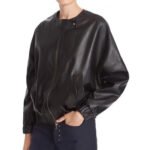 Elegant Black Leather Bomber Jacket for Women - Image 3