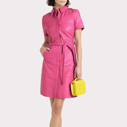 Elegant Pink Leather Shirt Dress for Women