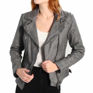 Elegant Stylish Gray Motorcycle Fashion Leather Jacket Women