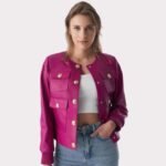 Fuchsia Leather Jacket for Women - Stylish Studs Closure - Image 2