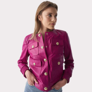 Fuchsia Leather Jacket for Women - Stylish Studs Closure