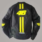VR46 Valentino Rossi Black Leather Motorcycle Jacket with Yellow Racing Stripes - Image 2