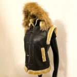 Women's Chocolate Brown Leather Shearling Vest with Hooded Faux Fur - Image 2