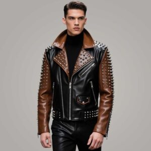Men's Gold Studded Leather Biker Jacket in Slim Fit style