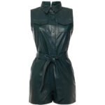 Green Leather Belted Short Romper for Women - Image 3